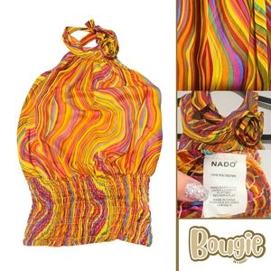 2/20 Nado Backless Halter Blouse | Striped Hippie Boho Top | Size Medium